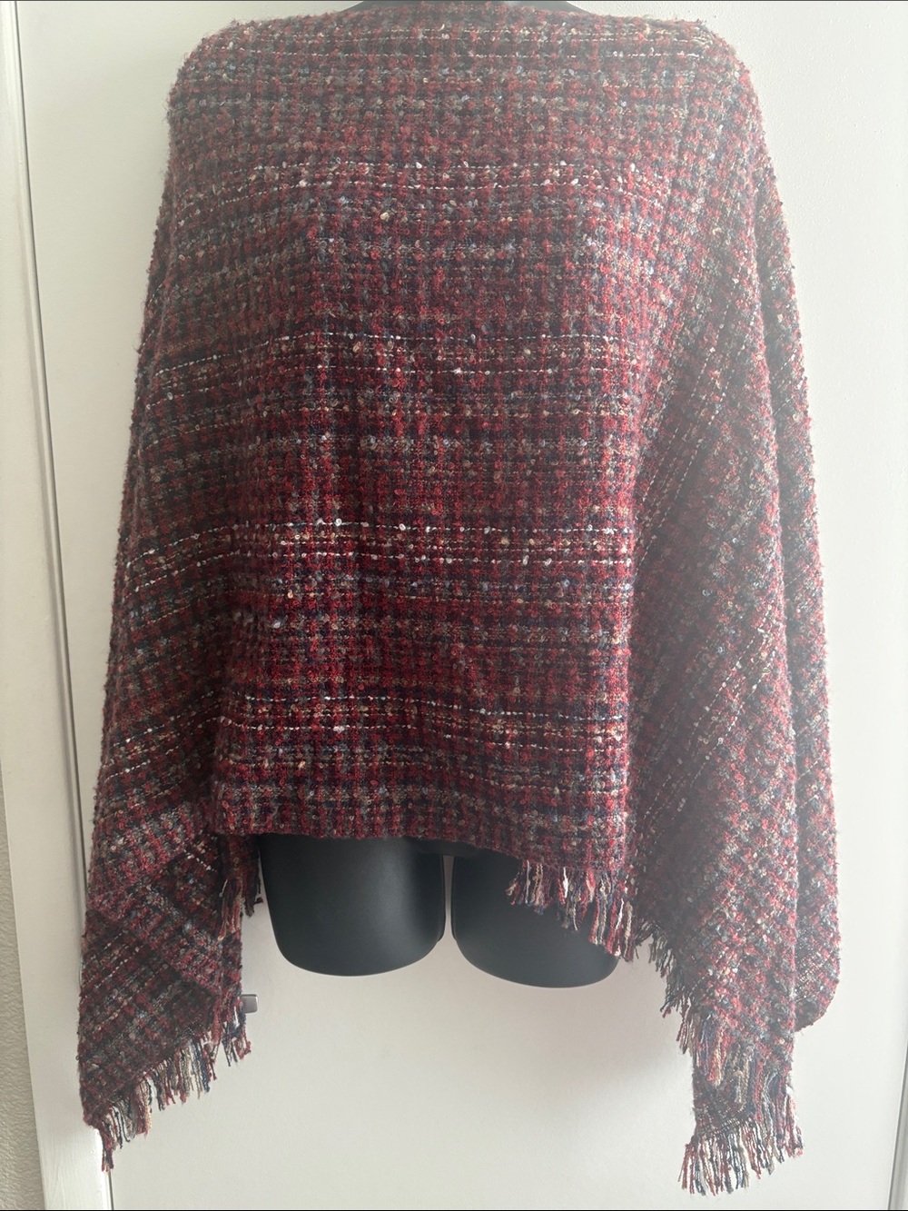 NWT C-Mode Pullover Fall Preppy Fringed Red Plaid Knit Poncho SZ OS